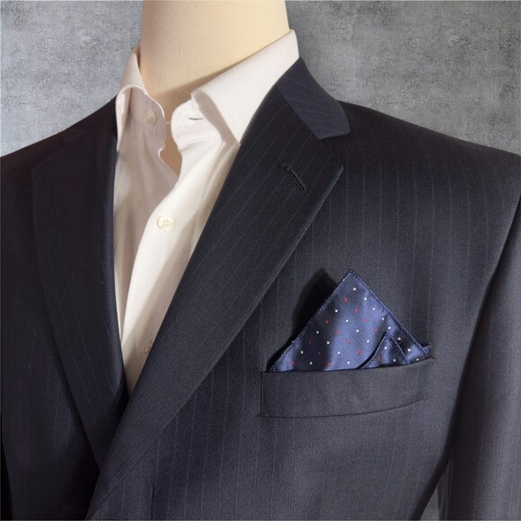 ALFANI Men’s 2-Piece Suit 44L Blazer 38x32 Pants Navy Blue Striped Virgin Wool - Picture 2 of 16